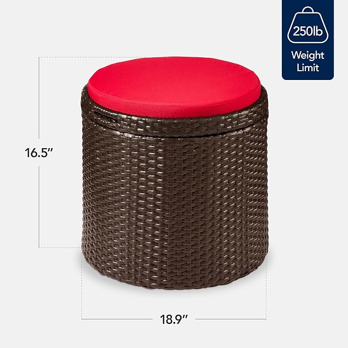 Best Choice Products Round Wicker Ottoman, Multipurpose Outdoor Furniture for Patio, Backyard, Additional Seating, Footrest, Side Table w/Storage, Removable Cushions – Brown/Red BestChoiceProducts