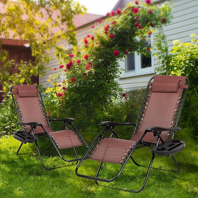 Nazhura Set of 2 Relaxing Recliners Patio Chairs Adjustable Steel Mesh Zero Gravity Lounge Chair Beach Chairs with Pillow and Cup Holder Khaki (Brown) NazhuraGoodCompanionAtHome