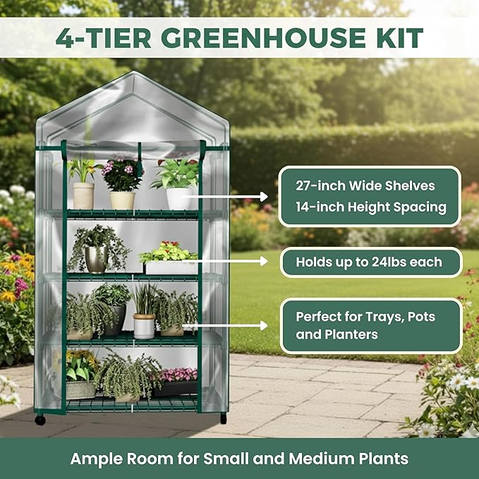 4 Tier Mini Greenhouse - Portable Greenhouse with Locking Wheels and PVC Cover for Indoor or Outdoor - 27 x 19 x 63-Inch Green House by Pure Garden Home-Complete