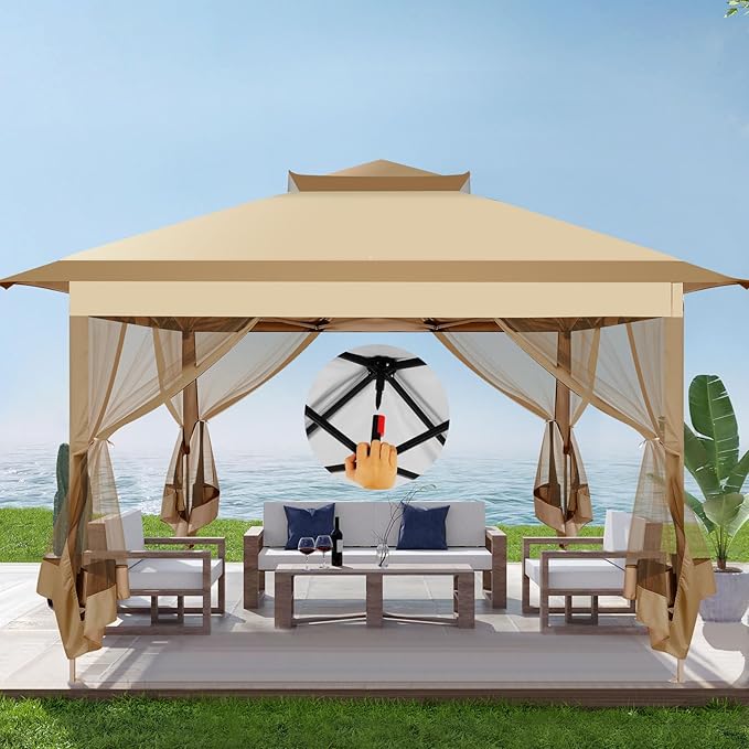 COBIZI 11x11 FT Pop up Gazebo Canopy Tent - Outdoor pop up gazebos on Clearance,carpas para Patio,Shelter - Screen Tents with Portable Carry Bag,Patio Gazebos for Camping,Garden,Deck,Backyard,Khaki COBIZI