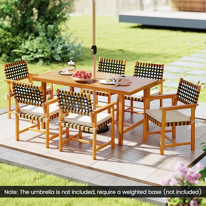 Tangkula 7 Piece Patio Dining Set for 6 People, 63” Outdoor Rectangular Acacia Wood Table with 1.97” Umbrella Hole & 6 Armchairs with Padded Seat Cushions, for Deck Yard and Poolside TANGKULA
