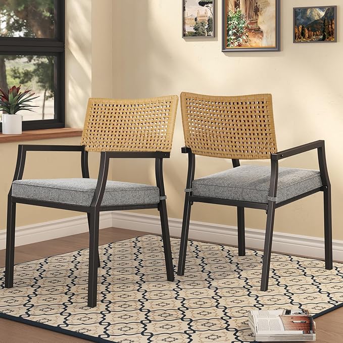 Grand Patio Outdoor Dining Chair Set of 2, 2-Piece Stackable Wicker Chairs with Cushions and Armrest for Restaurant, Garden, Porch, Lawn and Poolside GrandPatio