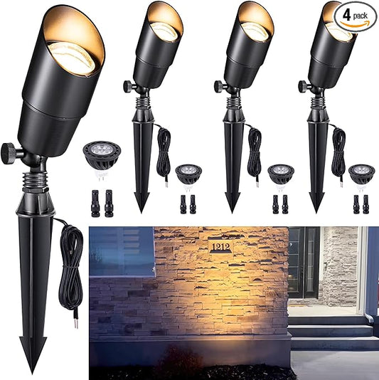 Gardenreet Brass Landscape Lighting - Black Outdoor Low Voltage Spotlights LED, 12V Wired Uplights, Waterproof Spot Lights for Outside Trees with 5W 2700K Warm White MR16 Bulb (4 Pack) Gardenreet