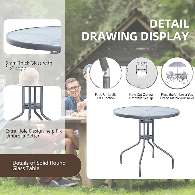 Vongrasig 6 Pieces Folding Patio Dining Set, All Weather Small Metal Outdoor Table and Chair Set, Garden Patio Furniture Set w/Umbrella, Glass Table & 4 Folding Chairs for Lawn, Backyard, Silver Vongrasig