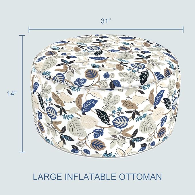 LVTXIII Indoor/Outdoor Extra Large Inflatable Ottoman Pouf D31 x H14 Inch, Round Footstool with Handle, Weather-Resistant Portable Furniture for Patio, Camping, Beach, Breeze Leaves Beige LVTXIII