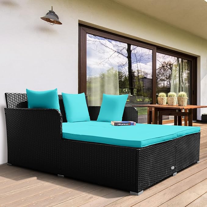 RELAX4LIFE Rattan Patio Outdoor Daybed, Wicker 2-Person Sunbed Loveseat with Soft Cushions, 4 Pillows, Curved Backrest & Armrest, Double Bed Lounger Sofa Set for Balcony Porch, Patio Bed (Turquoise) RELAX4LIFE