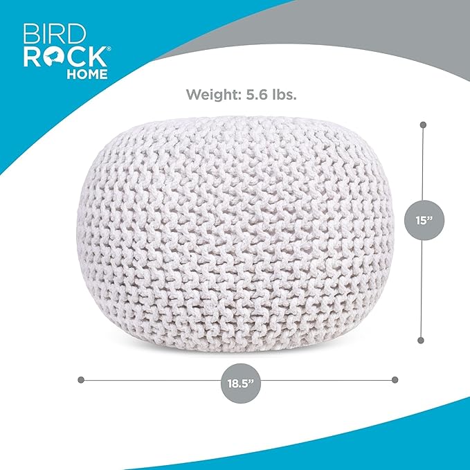 BIRDROCK HOME Round Pouf Ottoman | Cotton Braided Foot Stool with Bean Bag Filling | Boho Foot Rest for Living Room & Bedroom | Compact & Comfortable Seating, Lightweight & Soft | Ivory BIRDROCKHOME