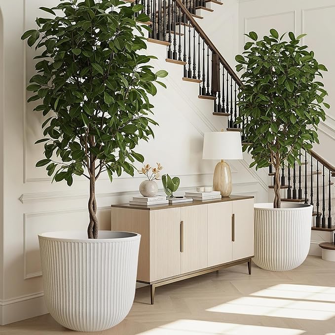 WORTH Garden Round Large Planter Pot Set of 2-17.5" Dia x 15.5" H - Durable Plastic Beige Plant Tree Pots with Vertical Stripe Textured Finish, Drainage Hole for Indoor, Outdoor, Front Porch, Patio WORTH