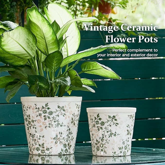 Ceramic Planter Without Drainage Hole, 6.7 Inch - Indoor/Outdoor Flower Pot for Orchids, Succulents, Green Floral Modern Farmhouse Design Plant Pot for Home,Office & Garden Décor, Ideal Gift TEWEIQI