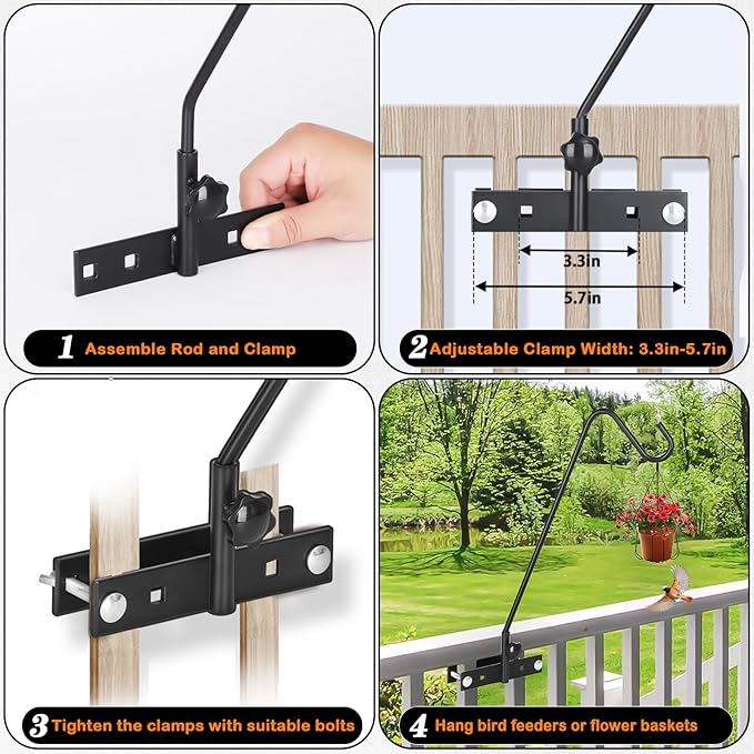 FEED GARDEN 2 Pack 13.5 Inch Deck Hooks for Vertical Railing, Adjustable Deck Bird Feeder Hanger for Hanging Lanterns, Wind Chimes, Flower Baskets, Suet Feeders FEEDGARDEN