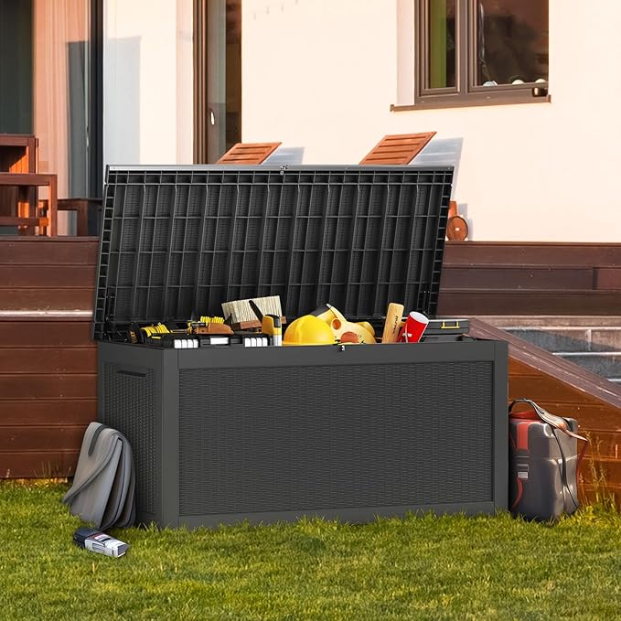 ROJIK Outdoor Storage Housing Deck Box - Waterproof Patio Furniture, Garden Tools, Cushions, Pool Accessories Storage Bench with Lockable Lid and Side Handles (Black, 315 Gal) ROJIK