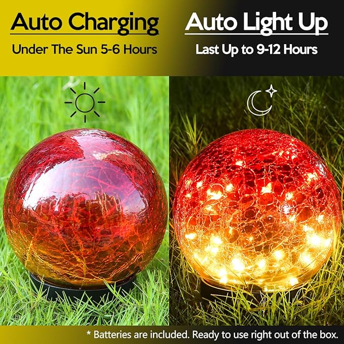 Outdoor Waterproof Solar Gradient Red Globe Lights, Led Solar Round Gazing Balls Ornaments for Lawn Garden Patio Table Art Decoration, Back Yard Landscape Illuminated Cracked Glass Sphere Light Orbs Rootora