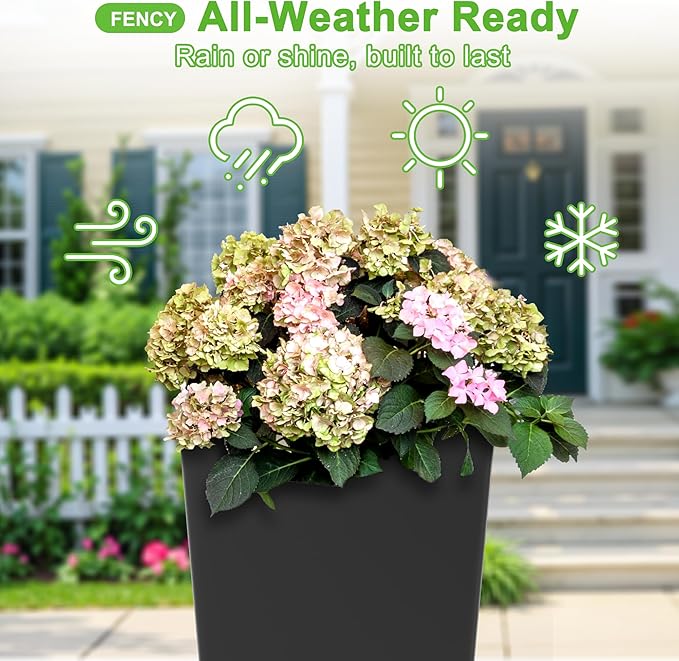 FENCY Set of 2 Tall Planters for Outdoor Plants, 24 Inch Large Tapered Pots with Drainage Trays, Weather-Resistant Plastic Plant Containers for Patio, Porch, Garden, Front Door Decor,Black FENCY