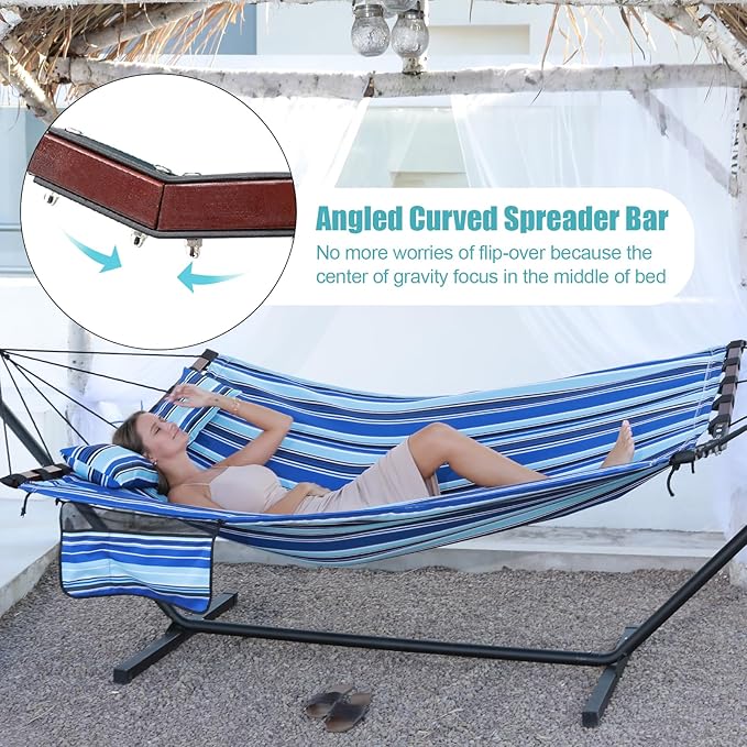TegerDeger 12FT 2 Person Hammock Large Hammock 450LB Capacity with V Shaped Hardwood Spreader Bar & Nylon Rope for Outside, Patio, Garden, Backyard, Beach, Poolside - Blue Stripes Tegerdeger