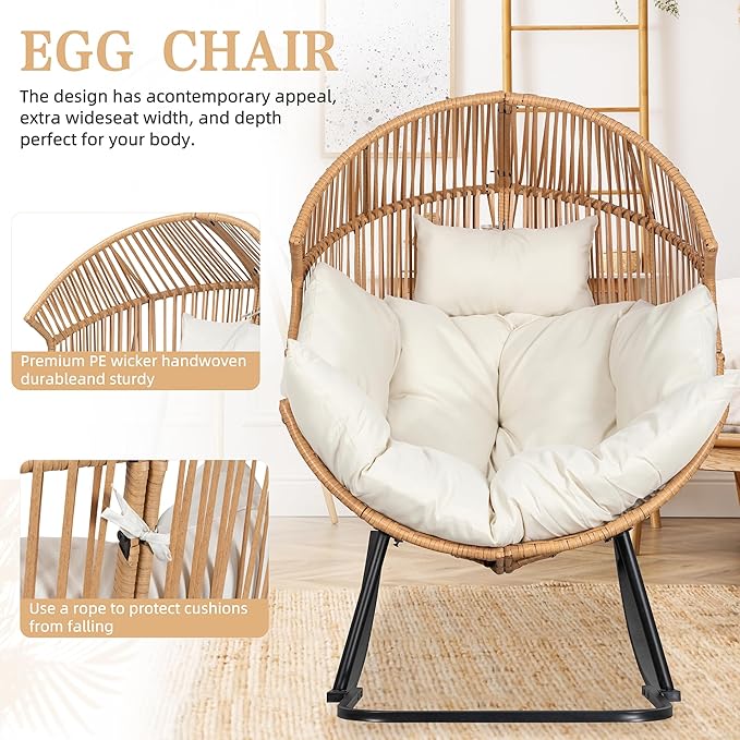 Vongrasig Wicker Egg Chair PE Rattan Rocking Chair with Cushion, Oversized Patio Lounge Rocker Chair for Outdoor, Indoor, Balcony, Backyard, Garden, Beige Vongrasig