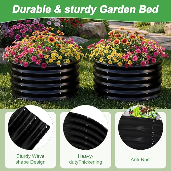 AHEONLAR 2 Pack 2x2x1.5ft Round Galvanized Raised Garden Bed Outdoor Metal Planter Box for Vegetables Steel Raised Beds for Gardening Black AHEONLAR