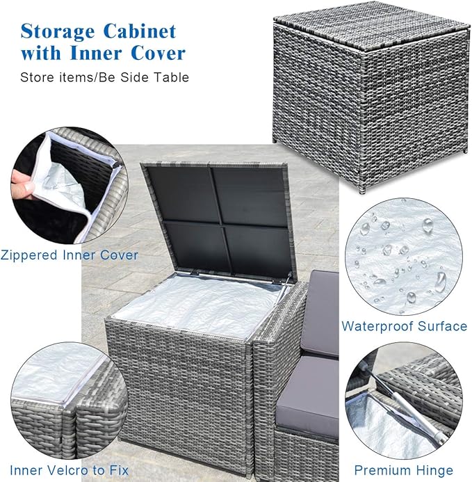 Tangkula 8 PCS Outdoor Patio Furniture Set, Rattan Wicker Sofa Set, Sectional Sofa Couch Conversation Set w/Storage Table and 12 Zippered Cushions for Garden Backyard Poolside (Grey) TANGKULA