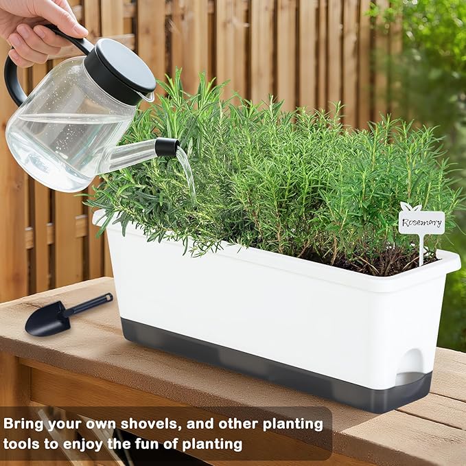 Window Box Planter 4 Packs, 17 Inches Rectangle Flower Pots with Drainage Holes & Trays, Pots for Vegetables, Herbs, Flowers, Garden Windowsill Balcony (White, 17 * 5.1 * 6 inch) Oliz