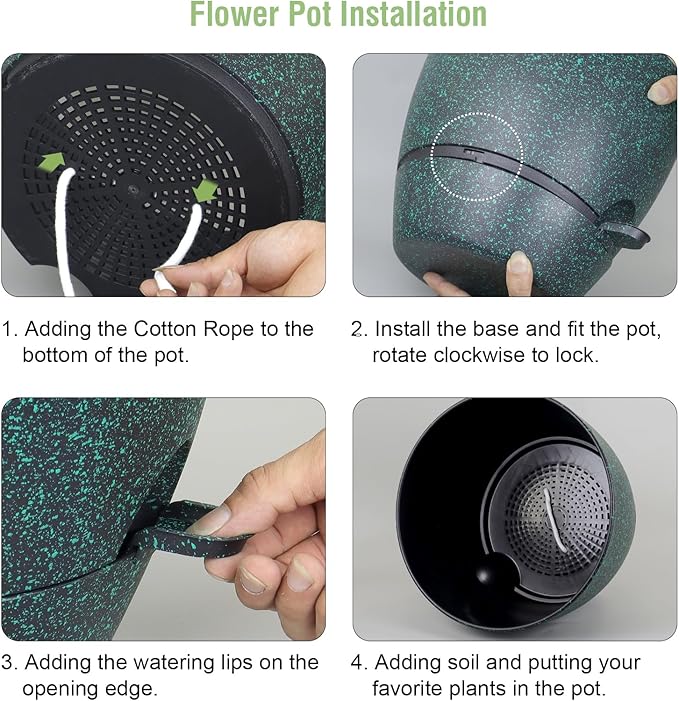 12 inch Large Self Watering Pots for Indoor Outdoor Plants, Flower Plant Pots with Mesh Drainage Holes for Garden House Plants, Plastic Planters for Home, Black with Green Speckles Meowell