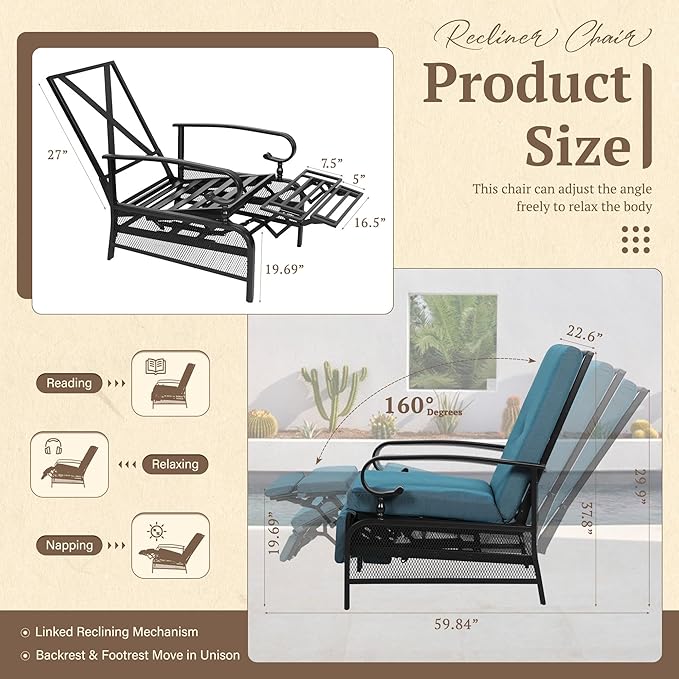 Oakcloud Adjustable Outdoor Lounge Chair Metal Patio Relaxing Recliner Chair Set with Bistro Table and Removable Cushions(Peacock Blue) OckcloudPatioFurniture