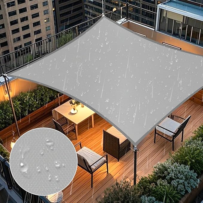 Artpuch Waterproof Sun Shade Sail, 14'x14' Light Grey Rectangular, UV Resistant Rain Canopy, Curved Edges Shade Cloth for Outdoor Patio, Deck, Yard (Custom Artpuch