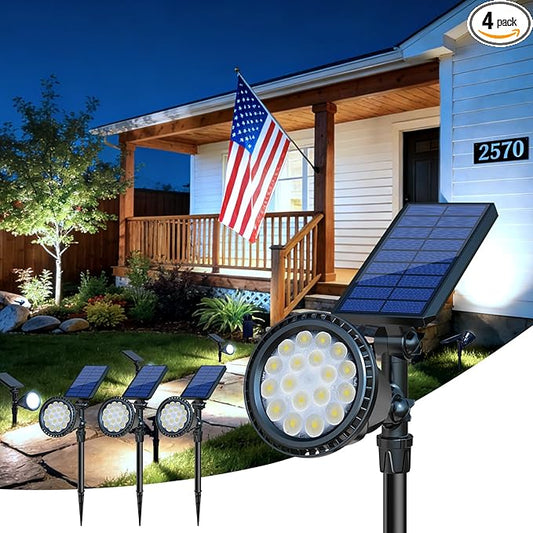DBF Solar Outdoor Lights, 600LM Solar Spot Lights Outdoor Waterproof with 2 Lighting Modes, Adjustable Head & Solar Panel Landscape Spotlights for Flag Garden Yard Driveway Patio(Cool White, 4 Pack) DBF