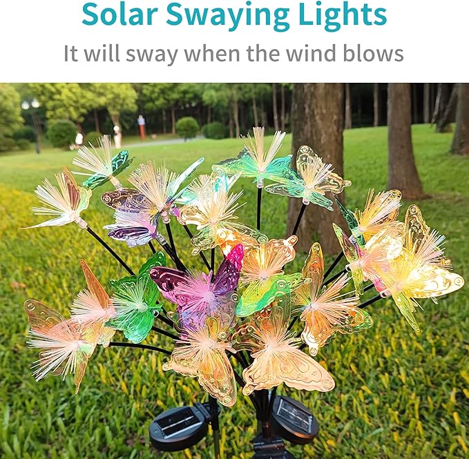 JJGoo 2 Pack Solar Garden Lights, Solar Butterfly Swaying Light for Outside, New Upgraded Outdoor Waterproof Light for Garden Patio Yard Front Porch Decor JJGoo
