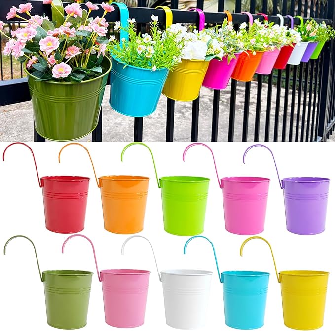 6 Inch Hanging Planters for Outdoor Plants, 10 Pack Metal Railing Planter, Rail Balcony Fence Flower Pot with Detachable Hooks, Colorful Garden Decor JOYFERNAL