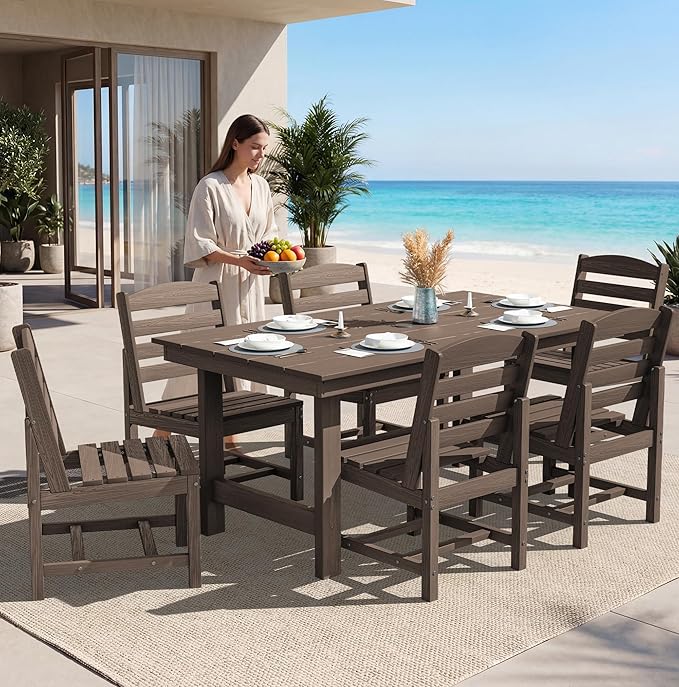 SERWALL Patio Dining Sets for 6 Person, HDPE Dining Set with 6 Armless Chairs, Coffee SERWALL