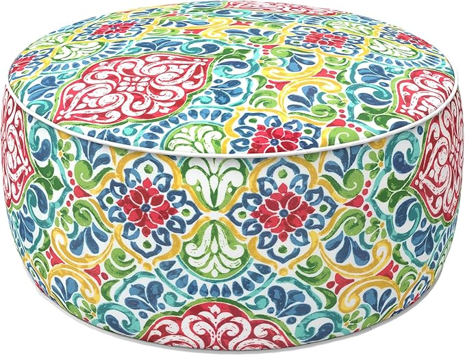 LVTXIII Indoor/Outdoor Inflatable Ottoman with Handle D21 x H9 Inch, Weather-Resistant Round Footstool Pouf for Patio Camping Living Room, Portable Footrest Extra Seating, Damask Red LVTXIII