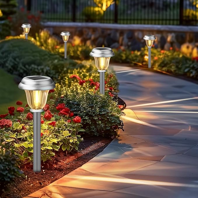 DERAYSION Solar Lights Outdoor Waterproof, Brushed Stainless Steel Glass Solar Pathway Lights, Auto On/Off Long-Lasting Outdoor Solar Lights for Garden, Landscape, Path, Yard 6 Pack DERAYSIONSolarLighting