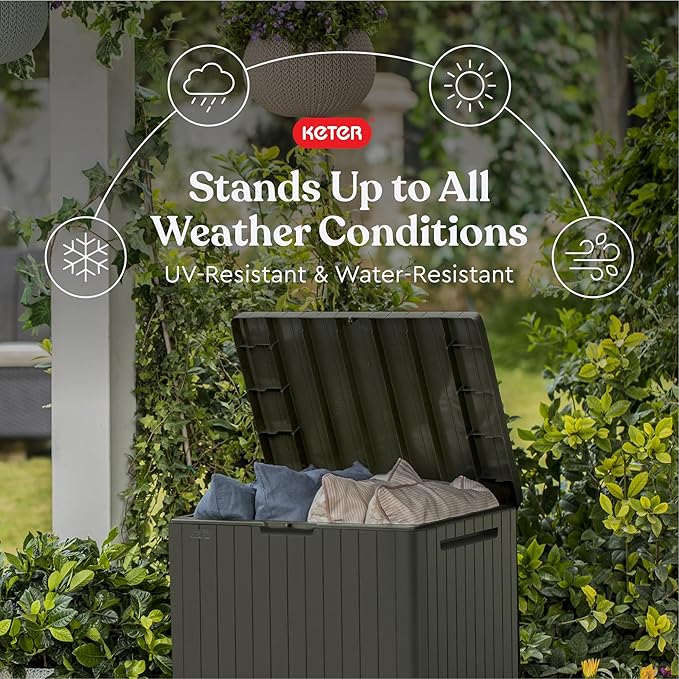 Keter City 30 Gallon Resin Outdoor Storage Box & Patio Side Table for Balcony, Pool, Deck & Garden Accessories, Weather‑Resistant, Mossy Brown Keter