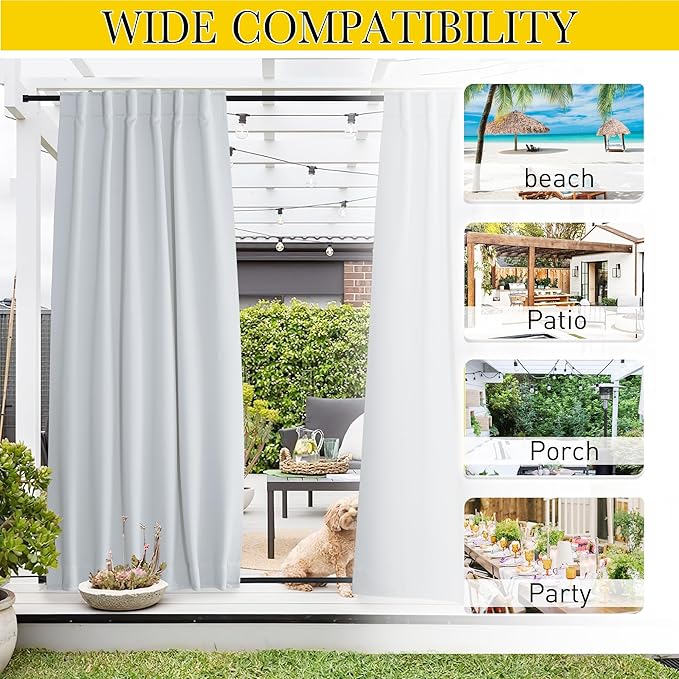 NICETOWN 2 Panels Outdoor Curtains Waterproof Pocket & Back Tab on Top & Bottom, Thermal Insulated Windproof Sun Blocking Outside Privacy Drapes for Patio with Fixed Rope, W84 x L95, Greyish White NICETOWN