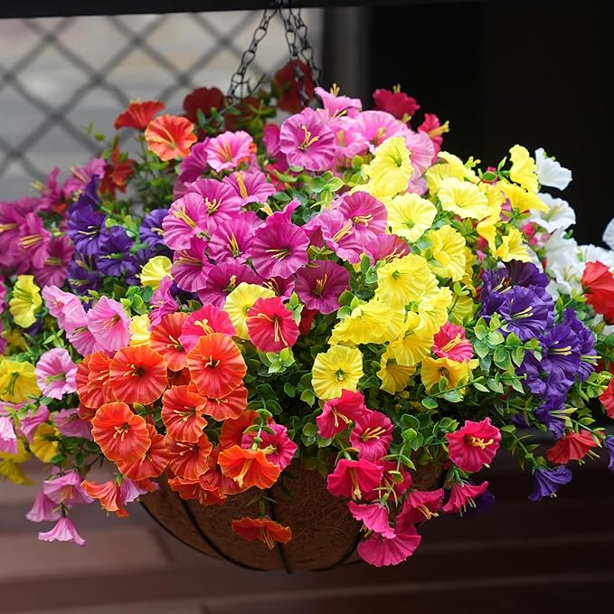 Artificial Flowers for Outdoors, UV Resistant Fake Silk Morning Glory, Realistic Faux Plants for Outside Porch Patio Window Box Hanging Planter (16, Purple Fuchsia Yellow Orange) maxkes