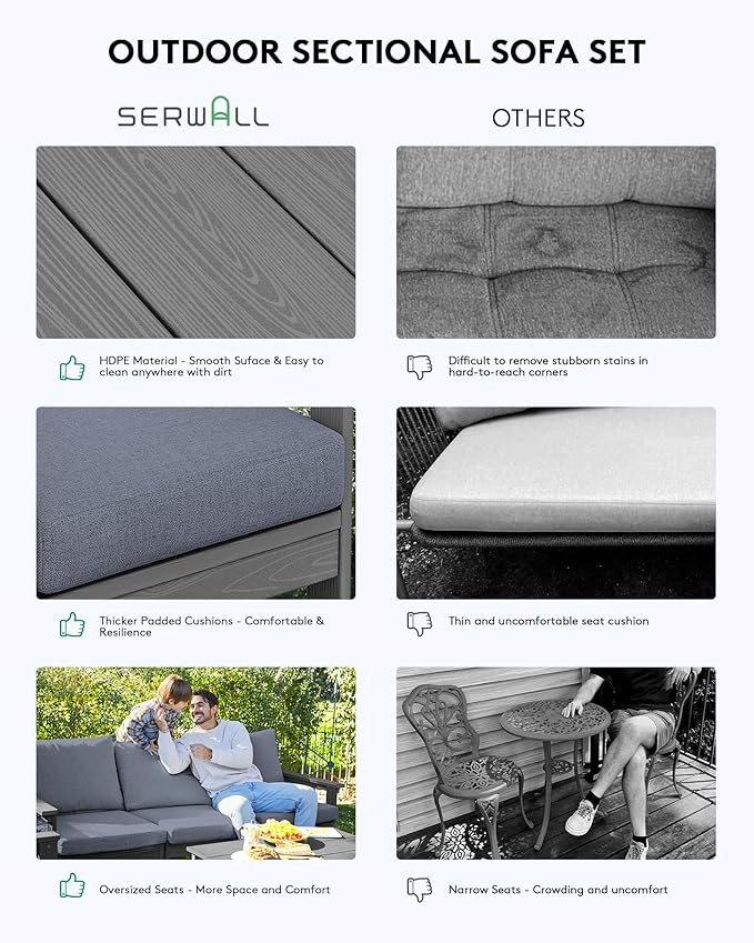 SERWALL HDPE Patio Sofa Set, 4-piece Sectional Outdoor Furniture Set, All Weather Outdoor Couch Set Patio Furniture Set for Deck, Lawn, Grey Frame with Grey Cushion SERWALL