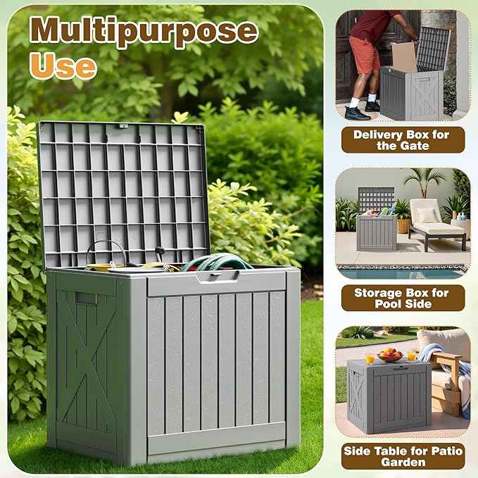 Flamaker Resin Deck Box 40 Gallon Waterproof Outdoor Indoor Storage Box Imitation Wood Resin for Patio Furniture Garden Tools and Pool (Gray)