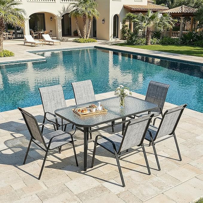 MAMIZO Patio Dining Chairs, Stackable All Weather Teslin Chair, Heavy Duty Outdoor Breathable Chairs Set, w/Armrests, Upgraded Chair FeetW/Strenthened Iron Spacers, 330 LBS (6, Grey) MAMIZO