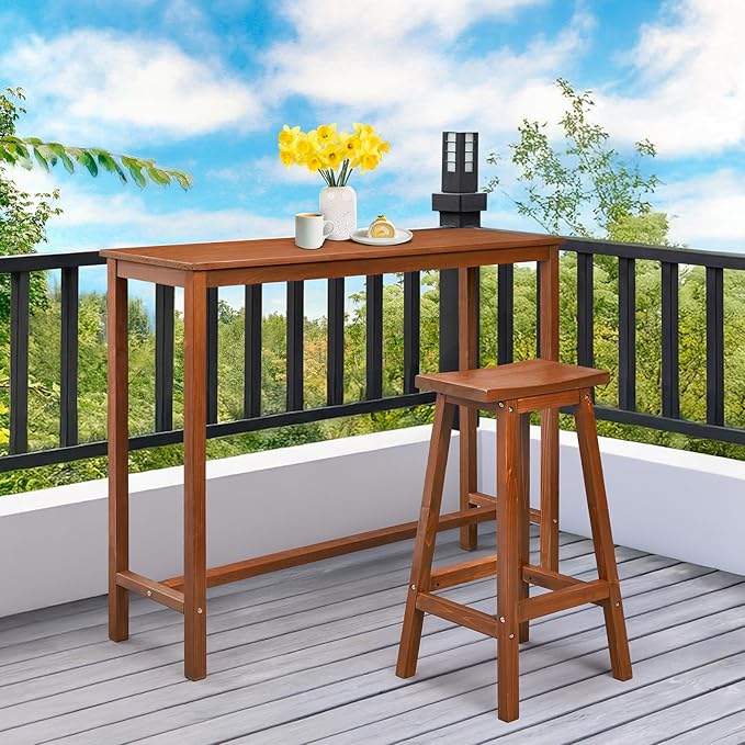 VINGLI Wooden Outdoor Bar Table, Wood Patio Counter Height Table, Weather-Resistant Patio Pub Table for Garden, Balcony, Poolside, Backyard, Indoor Use (Brown, 53") VINGLI