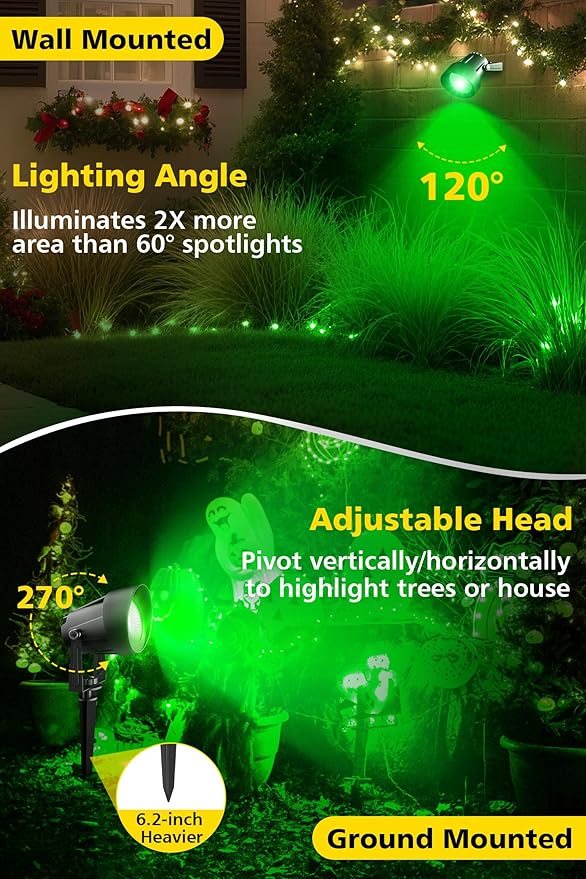 T-SUN Green Spotlight Outdoor, Waterproof LED Landscape Lighting with US Plug, Easy Install 270° Adjustable Outdoor Spot Lights for Garden Tree Yard Decor, 2 Pack T-SUN