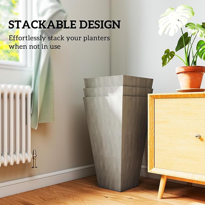 Outsunny Tall Planters for Outdoor Plants Set of 3, 28 in Taper Planters with Drainage Holes, Indoor Grande Plant Pots, Front Porch Decor, Grey Outsunny