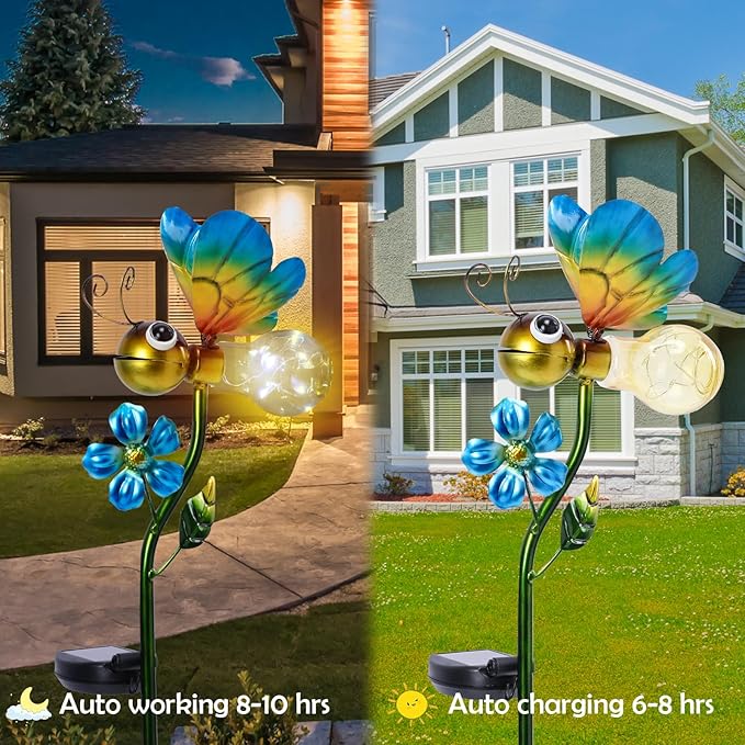 Decorative Solar Lights Outdoor Solar Bee Stake Lights Metal Decorative Garden Lights Outdoor Waterproof Stakes for Pathway Yard Lawn Decoration Mothers Day Mom Gifts Afirst
