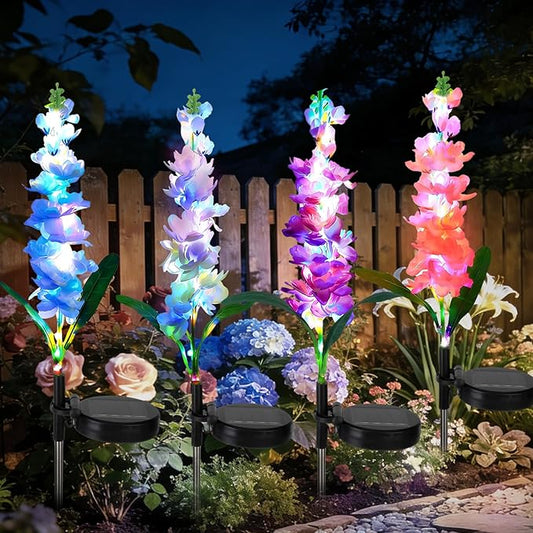 4 Pack Color Changing Solar Lights Outdoor Waterproof, Solar Delphinium Flower Stake Lights Auto ON/Off Solar Garden Lights for Spring Lawn Pathway Landscape Birthday Gifts for Mom Women Grandma echosari