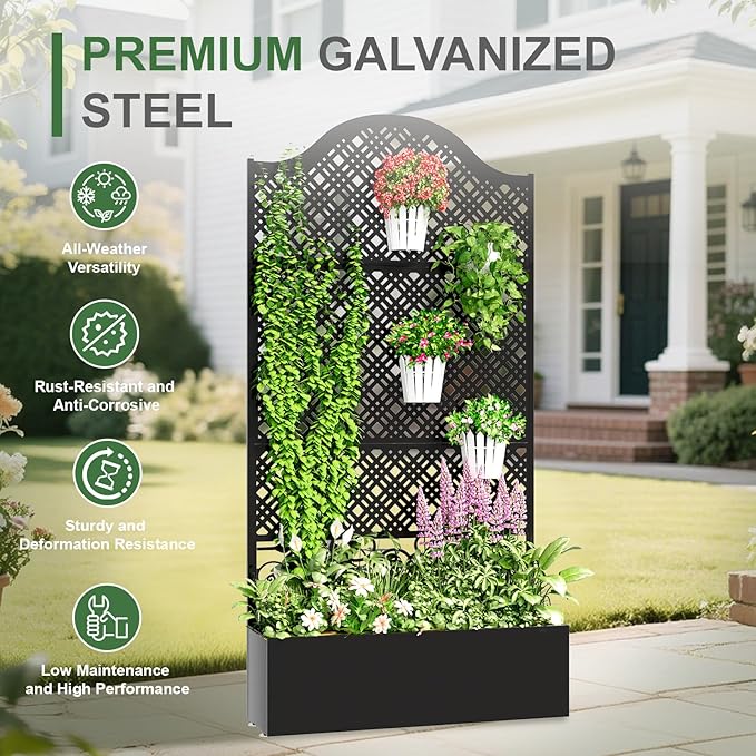 Metal Raised Garden Bed with Trellis & Privacy Screen - 83"x40"x11.8" Freestanding Planter Box for Patio Balcony, Modern Planter with Drainage Holes for Climbing Plants, Flowers & Vegetable XOCUWU