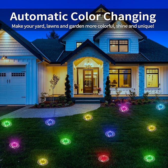 LYHOPE Solar Ground Light Outdoor, 16 Pack 8 LED Color Changing Solar Disk Lights Waterproof Garden In-ground Pathway Lights Landscape Lighting for Lawn,Yard,Deck,Patio,Walkway (RGB) LYHOPE