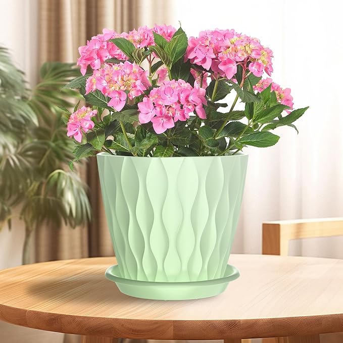 6 Pack 6 Inch Indoor Plant Pots with Drainage Holes, Outdoor Plastic Decorative Flower Pots, Garden Planters with Tray Saucers for Orchids, Violets, Succulents, Herbs, and Other Plants Rootora