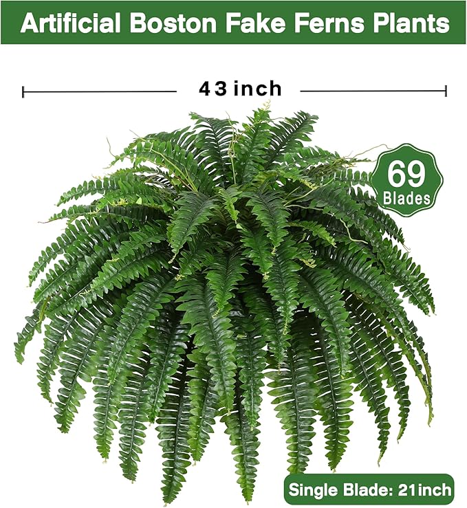 Single Silky Artificial Boston Fern Bush, 43Inch Large Artificial Ferns for Outdoors, Large Faux Ferns Artificial Plants,Suitable for Decorating Office, Living Room Faux Greenery,69Branches Rootora