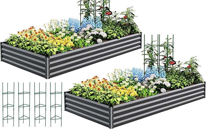 Quictent Galvanized Raised Garden Bed 8x4x1 Ft Metal Planter Box for Vegetables Bottomless for Backyard, 2 Tomato Cages Included, Dark Grey, 2PCS QUICTENT