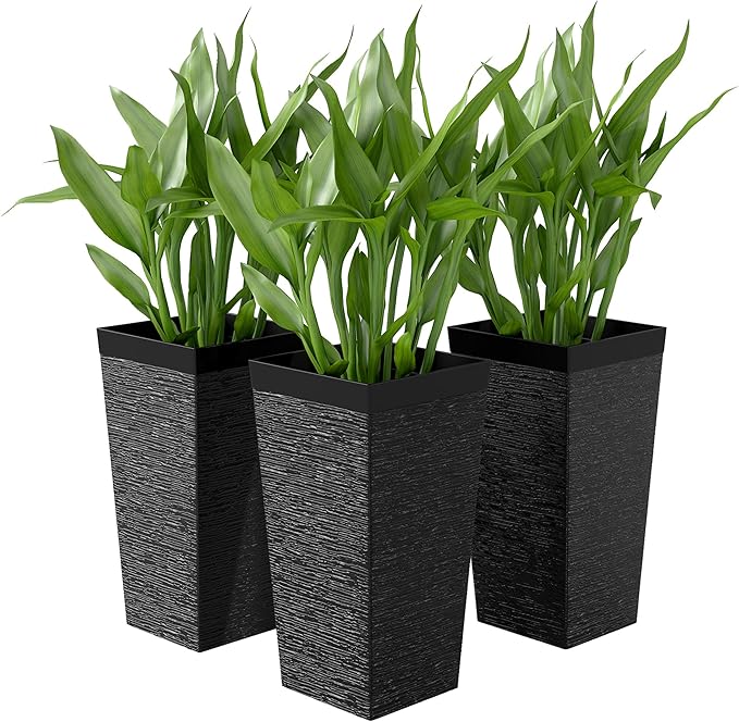Outsunny 22.8 Inch Tall Planters for Outdoor Plants, Set of 3 Plastic Flower Pots with Stone Finish and Wheels, Stackable Tapered Planters with Drainage Hole for Indoor Plants, Front Porch, Black Outsunny