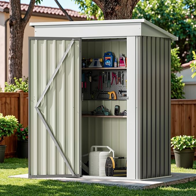 Devoko Outdoor Storage Shed 5 x 3 FT Lockable Metal Garden Shed Steel Anti-Corrosion Storage House with Single Lockable Door for Backyard Outdoor Patio (Gray) DEVOKO