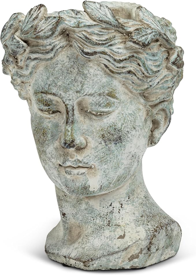 Abbott Collection Goddess Head Planter – Small Cement Indoor and Outdoor Planter Pot – Grecian Woman Statue Head Planter for Flowers and Succulents (Grey, 8.5" Tall, 3.5" Opening) AbbottCollection